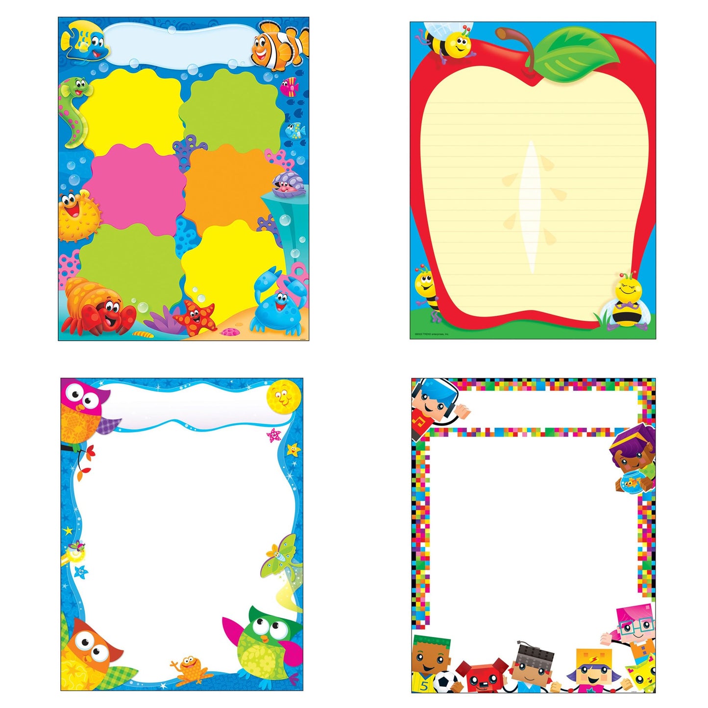 Ensemble de 4 tableaux d'apprentissage - Tableau de tâches, Copains sous-marins, Pomme, Hiboux, Briques en vedette.