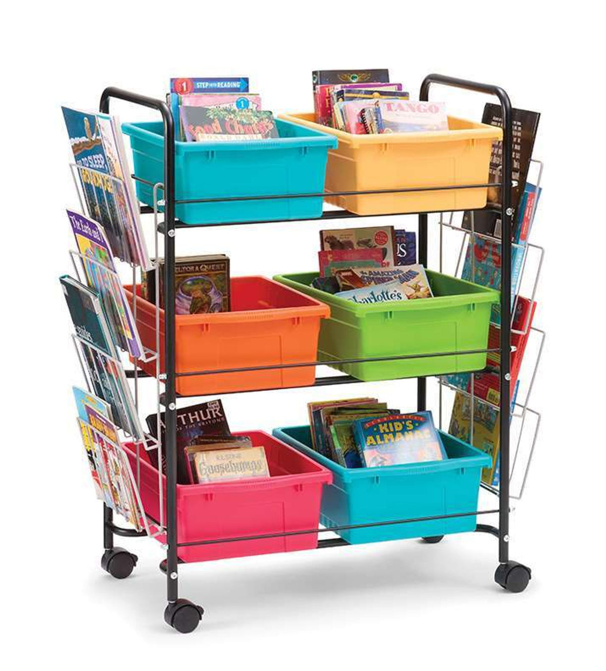 Chariot de rangement pour livres avec bacs colorés